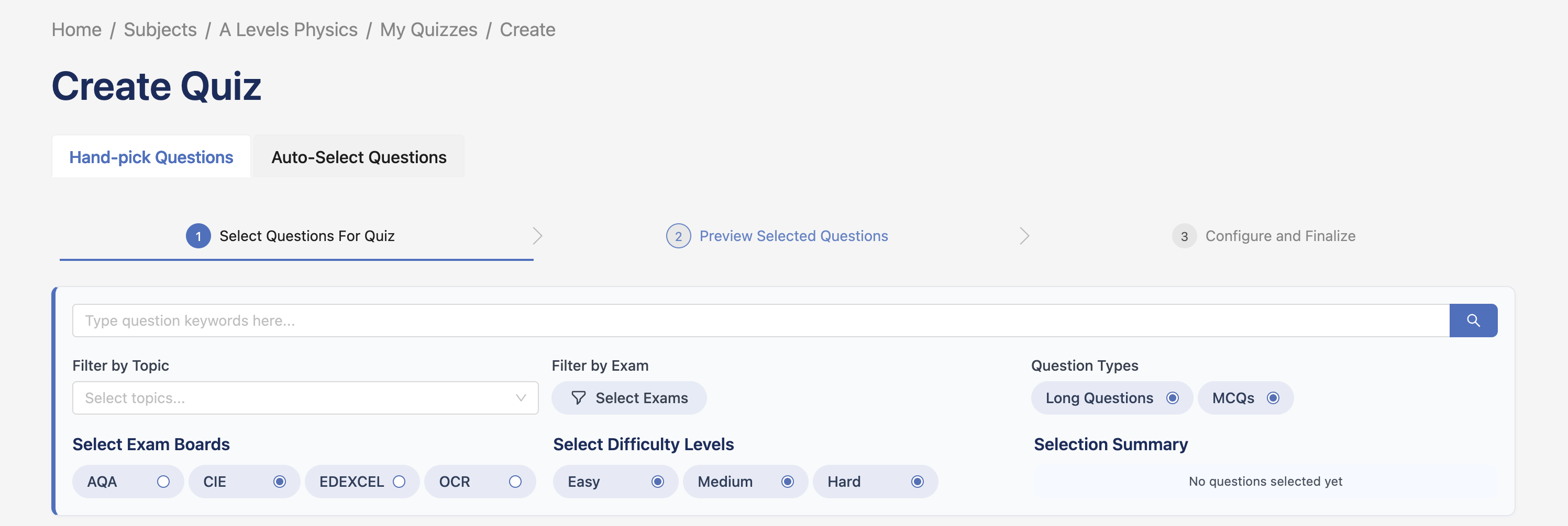 Create Quiz interface showing question filters and search options
